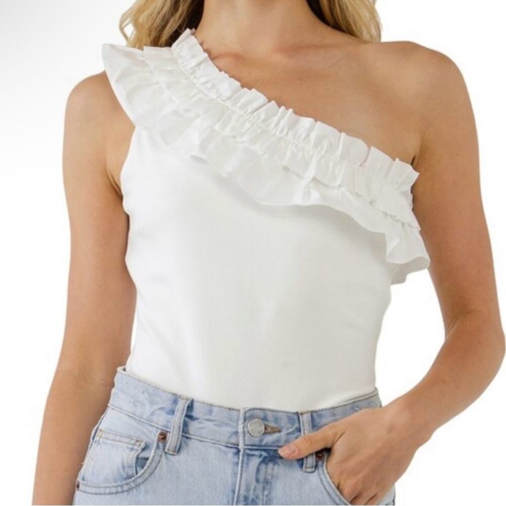 Anthropologie White One-Shoulder Ruffle Top